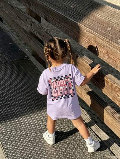 Baby GirlMinimalist Plaid Graffiti & Letter Print Round Neck Short Sleeve Cute Top
