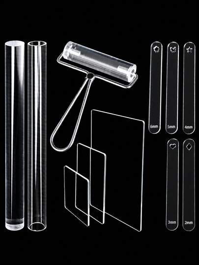 Juego de herramientas de rodillo y placa de presión de barro transparente, regla de grosor, palo de presión de barro, herramientas de arcilla blanda para hacer joyas, kit de molde de joyas hechas a mano DIY
