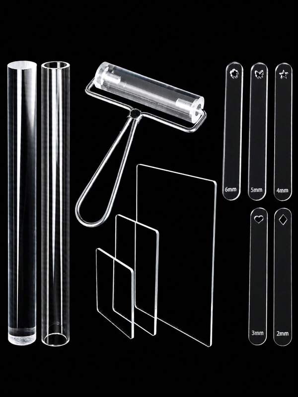 Ensemble d'outils de rouleau de plaque de pressage de boue transparente, règle d'épaisseur, bâton de pressage de boue, outils d'argile souple pour la fabrication de bijoux, kit de moule de bijoux faits main DIY