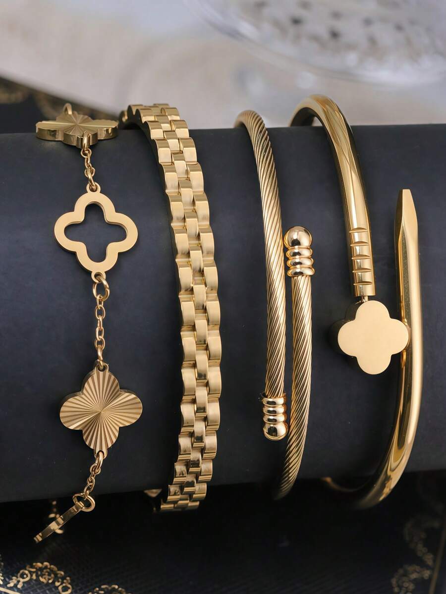 4pcs/Set/3pcs/1pc Gelang Mata Jahat Warna Emas | Set Gelang Mata Biru Enamel & Desain Kabel Terpilin untuk Perhiasan Fashion Kasual/Pesta Sehari-hari - Yellow Gold - View 1