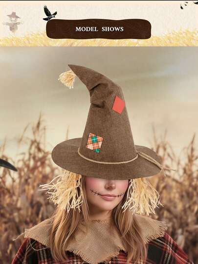 1pc Halloween Vintage Scarecrow Pointed Witch Hat, Plaid Patchwork Straw Beard Decor Farmer Style Hat, Coarse Linen Texture Sturdy And Shaped, Hemp Rope Trim Design Full Of Atmosphere, Unisex Adult Accessory, Suitable For Halloween Party, Autumn Harvest Theme Outfit, Pastoral Style Cosplay, Stage Play Performance, Holiday Photo Shoot Outfit, Full Of Atmosphere, Holiday Costume Accessory