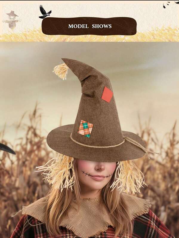 1pc Halloween Vintage Scarecrow Pointed Witch Hat, Plaid Patchwork Straw Beard Decor Farmer Style Hat, Coarse Linen Texture Sturdy And Shaped, Hemp Rope Trim Design Full Of Atmosphere, Unisex Adult Accessory, Suitable For Halloween Party, Autumn Harvest Theme Outfit, Pastoral Style Cosplay, Stage Play Performance, Holiday Photo Shoot Outfit, Full Of Atmosphere, Holiday Costume Accessory