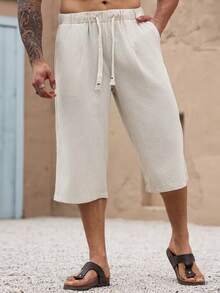 Men's Solid Color Minimalist Linen Capri Pants, Suitable For Beach, Vacation, Beach Party Style - Beige - View 2