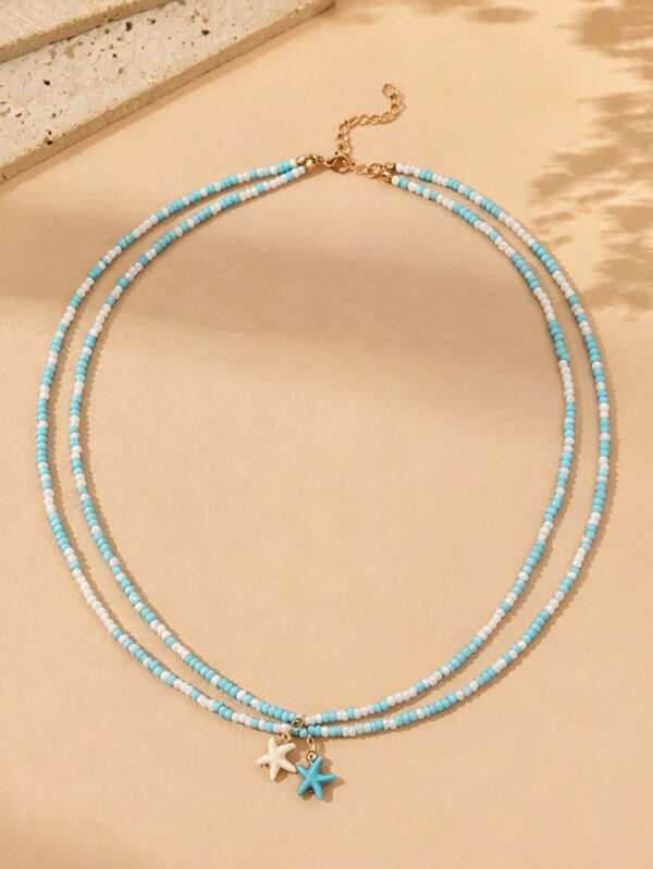 2pcs Teen Summer Ocean Style Blue & White Seed Bead Layered Necklace With Starfish Pendant, Fashion Beach Vacation Daily Wear Collarbone Chain For Boys & Girls, Random Bead Color Position