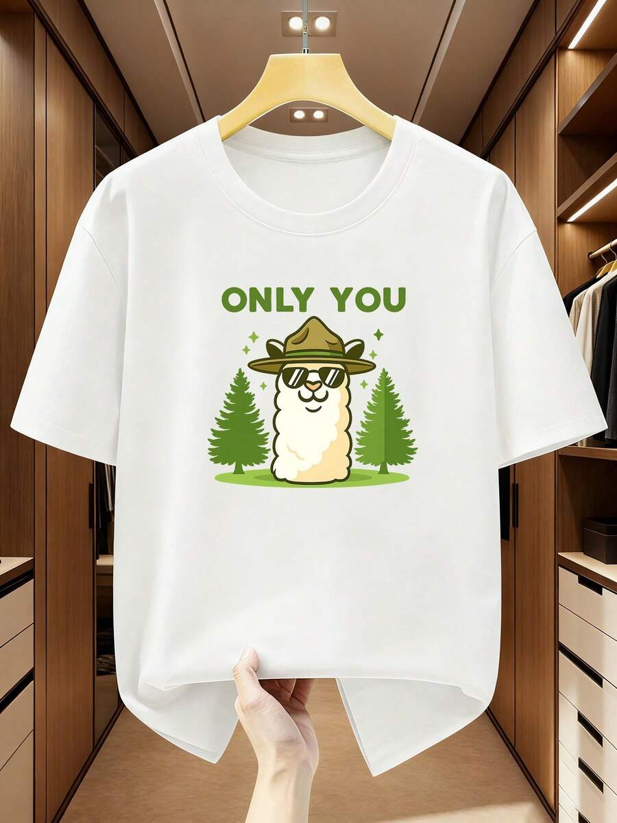 Camiseta para hombre de talla% algodón, estampado de alpaca con sombrero de vaquero y gafas de moda, cuello redondo y manga corta, diseño exclusivo para ti, camiseta cómoda y casu - Blanco - Ver 1