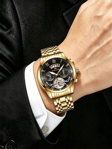 Brand 2025 新款男士奢華金銀黑 41mm 不鏽鋼指針陀飛輪發光日期防水石英運動手錶 - 黑色 - 查看 8