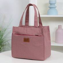 Nueva llegada, tela gruesa con patrón a cuadros, bolso de mano exquisito, bolso tote para el trabajo, bolso de moda con cremallera semicerrada, adecuado para la escuela, el trabajo, las compras, el camping, el uso diario, bolso de mano. Temporada de regreso a la escuela, vintage, minimalista, bolsa para el almuerzo, bolsa de almacenamiento para caja bento, bolsa para el almuerzo, bolsa de compras, bolsa de utilidad - Rojo - Ver 11