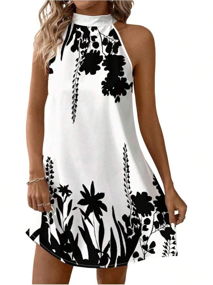 - Vestido corto sin mangas con estampado floral para mujer, cuello halter, línea A - rosa y rojo - Añade 15