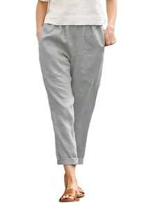 Pantalones Capris Genéricos para Mujer de Algodón y Lino, Pantalones Holgados de Talla Grande para Mujer de Lino y Algodón, Pantalones de Lino para Mujer de Talla Pequeña - Café - Ver 8