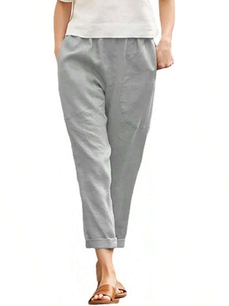 Pantalones Capris Genéricos para Mujer de Algodón y Lino, Pantalones Holgados de Talla Grande para Mujer de Lino y Algodón, Pantalones de Lino para Mujer de Talla Pequeña - Café - Añade 8