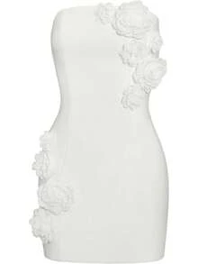 - Vestido sin tirantes para mujer, diseño de flores, color blanco - Rosa - Ver 1