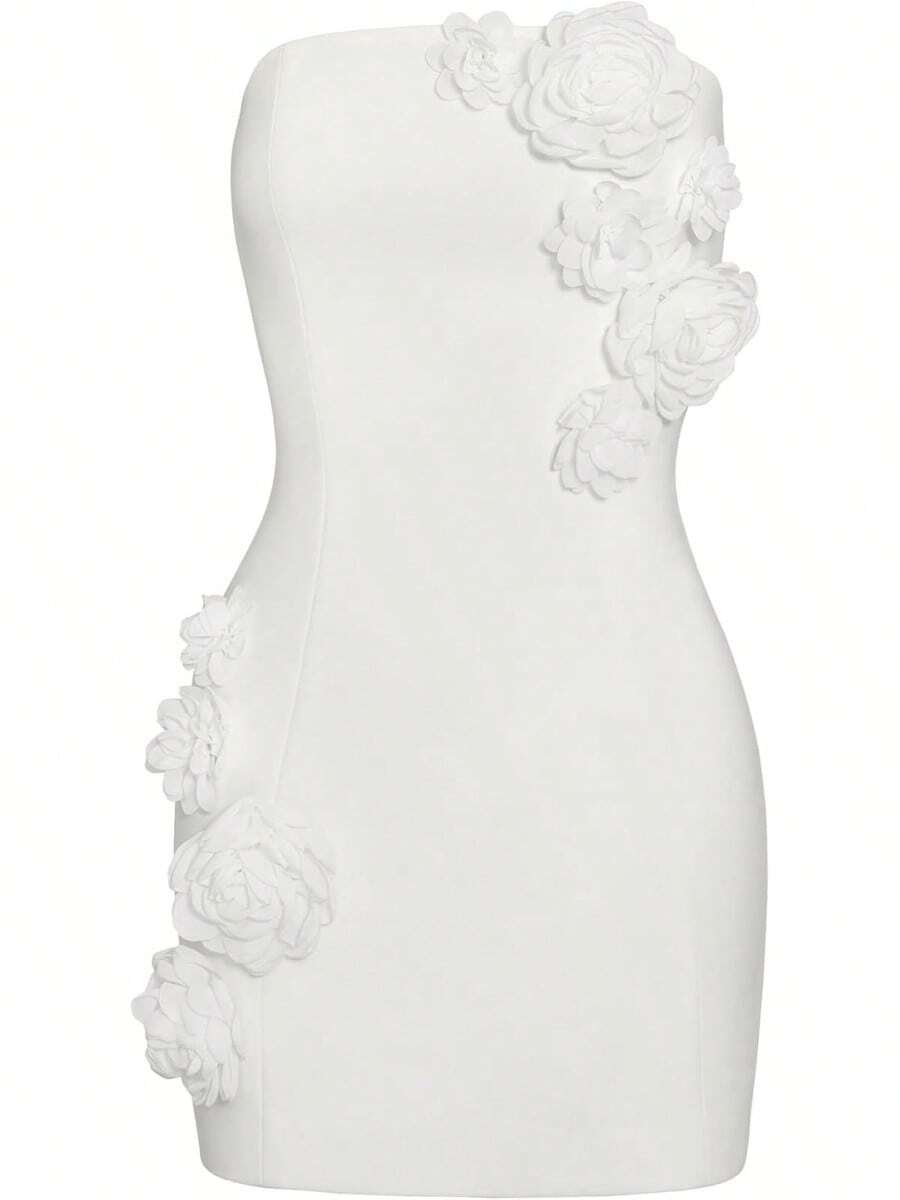 - Vestido sin tirantes para mujer, diseño de flores, color blanco - Rosa - Ver 1