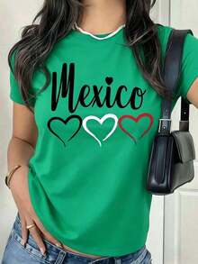 Oversized Black T-Shirt With The Phrase "MEXICO" And Flag Colors, Cultural And Patriotic Pride Shirt, Office/Gym Blouse, Y2K Pretty Blouses - 綠色 - 查看 1