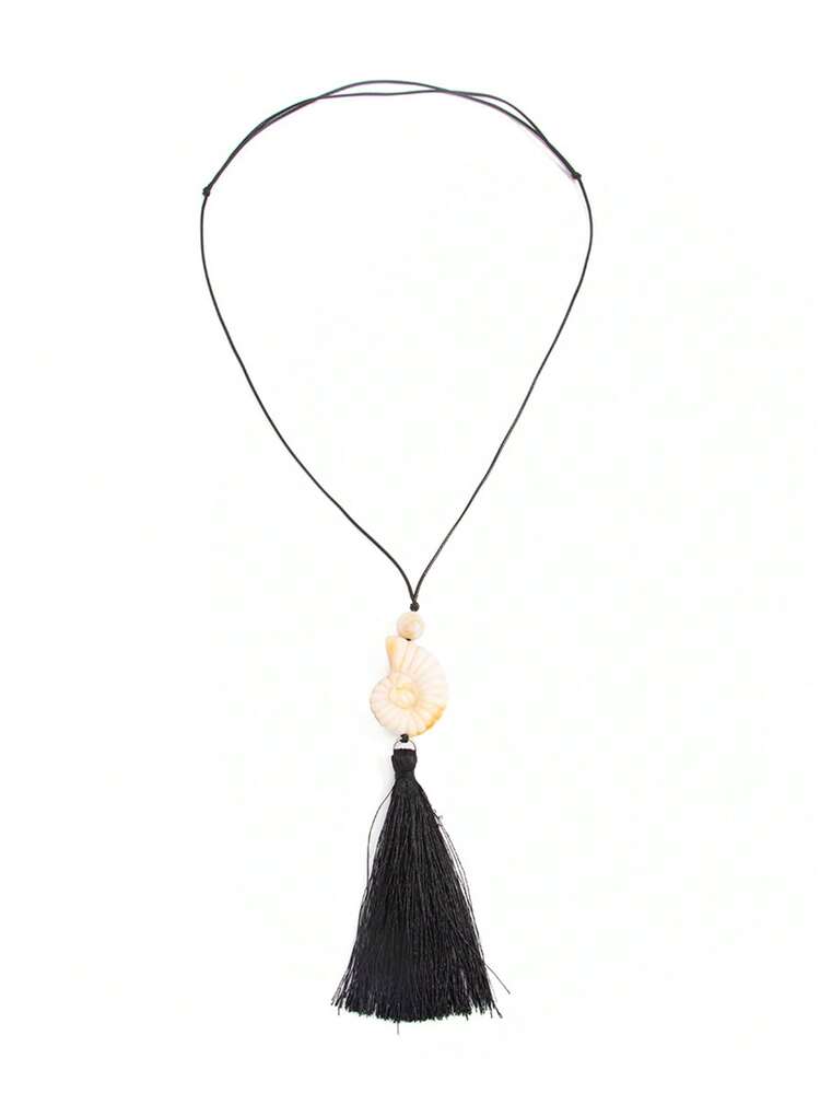 1pc Vintage Personalized Resin Geometric Seashell Linked Adjustable Wax Cord Tassel Necklace, Niche Design, High-End Versatile Sweater Chain, Long Necklace Suitable For Women's Daily And Party Wear - Black Rice Coffee - View 7