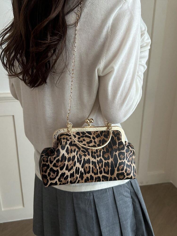 Leopard Print Fashion Clasp Women's Handbag, Elegant Tote Bag For Party And Shopping, Random Pattern Placement - Brown - View 3