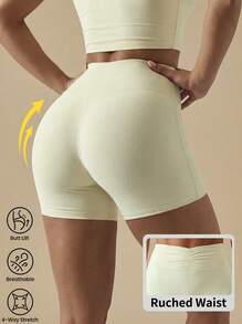 Never me Women's Solid Color Casual Versatile Daily Wear Sports Base Layer Shorts Running Workout High Waist Yoga Pants - Apricot - View 2