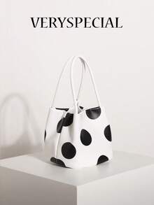 1 Stück hochwertige glänzende Öl-Leder-Textur Schwarz & Weiß Kontrast große Polka-Dot Handtasche, vielseitige Damen Polka-Dot Handtasche, modische minimalistische elegante multifunktionale klassische Polka-Dot PU-Material Multi-Form Tasche, geeignet für Pendeln, Büro, Dating, tägliches Einkaufen, Nachmittagstee und andere Anlässe - Weiss - Übersicht 9
