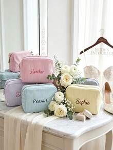 1pc Personalized Embroidered Travel Toiletry Bag/Bridesmaid Gift/Gift For Her/Gift For Mom/Striped Bubble Gauze Makeup Bag/Candy Color Storage Bag/Jewelry Storage Bag - Multicolor - View 9