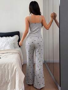 Dreamivo 2pcs Set Fake Button Camisole & Bow Print Flare Pants Pajama Set For Women. Women's Casual Set, Summer Pajamas, Cute Pajama Set. - Light Grey - View 2