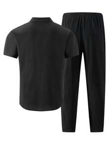 Men's 2 Pieces Linen Set, Summer New Men's Multi-Pocket Cargo Shirt Outfit, Loose Short Sleeve + Straight Leg Pants - Black - View 3