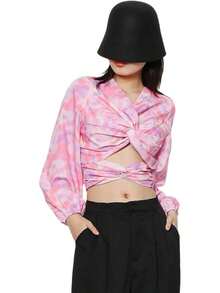 Blusa de Manga Larga con TeñIdo Anudado a la Moda para Mujer, Blusa Elegante con Lazo Sin Espalda y Nudo Torcido - Azul - Ver 1