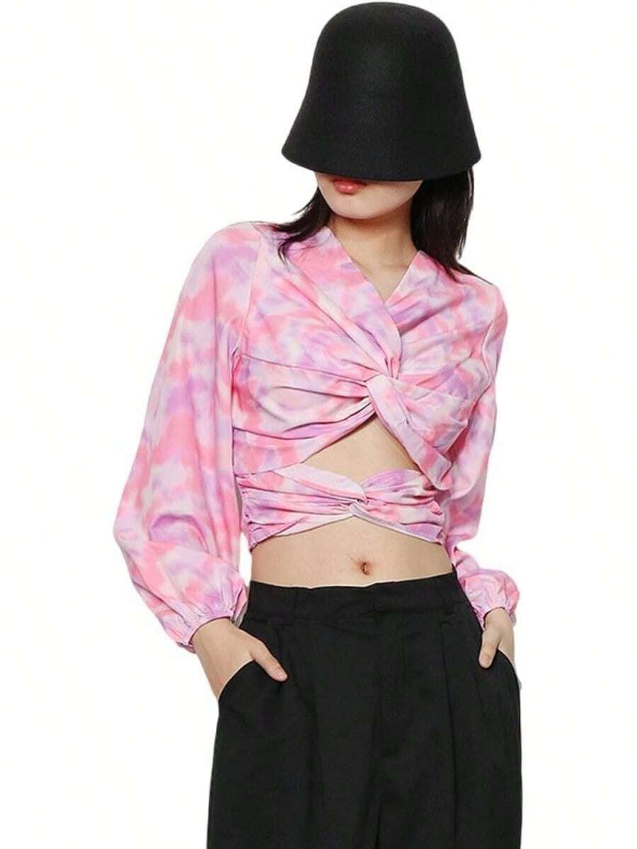 Blusa de Manga Larga con TeñIdo Anudado a la Moda para Mujer, Blusa Elegante con Lazo Sin Espalda y Nudo Torcido - Azul - Ver 1