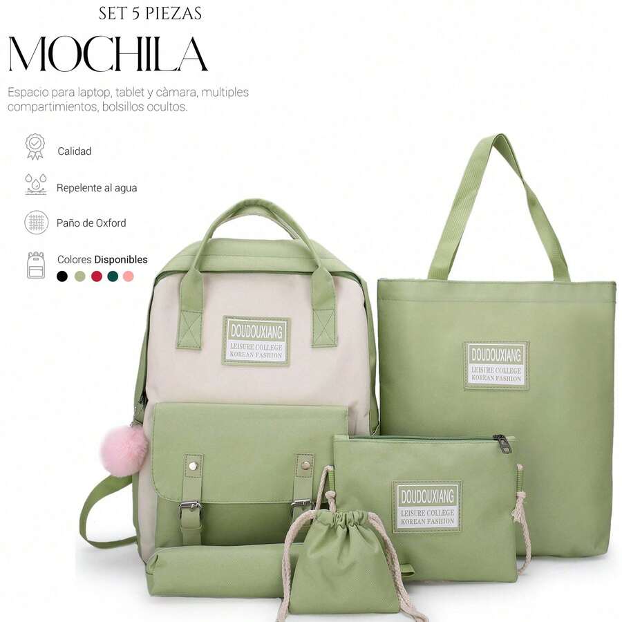Shendy Vendy Backpack With Large Capacity, 5-Piece Set Fashionable Cool Youth Backpack Pencil Case Laptop School Student - MOD217 淺綠色 - 查看 1