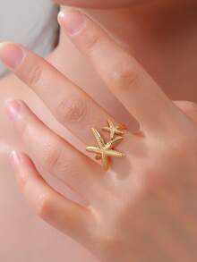 LIKGREAT 1pc Fashion Women's Stainless Steel Starfish Shell Open Ring, Unisex Minimalist Versatile Accessory, Niche Exquisite Daily Wear, Great Gift - Ocean Series - View 6