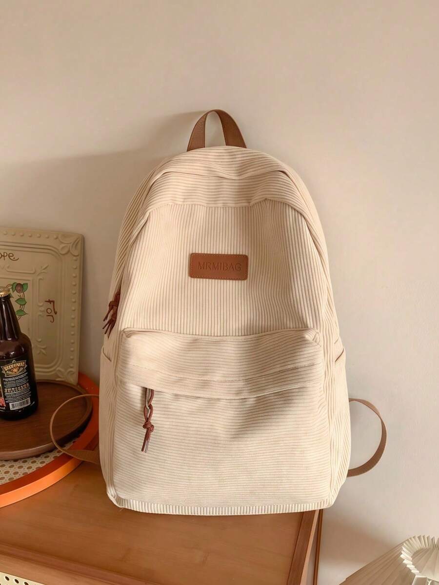 Minimalist Large Capacity Backpack For Women, Solid Color, Functional Corduroy Backpack With Letter Patch, Large Capacity, Lightweight And Portable, Perfect For Teens, Women, Students - Army Green - View 1