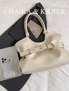 CHAIKA & KILTER 1pc Solid Color PU Fabric Tote Bag, Women's Vintage Fashion Shoulder Tote Bag, Double Handle Design, Zipper Closure, Strap Decoration, Suitable For Daily And Street Use - White - View 5