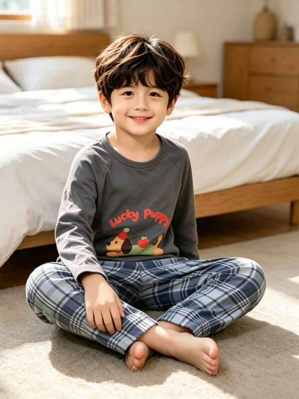Cartoon Puppy Print Long Sleeve Top + Blue Plaid Pants 2 Pieces Set, Loose Fit For Unrestricted Running And Jumping