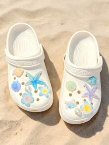 12pcs Ocean Series Blue Tone Clog Shoe Charms, Starfish Shell Shoe Accessories, Removable Conch Shell Decorations For Beach Shoes DIY Decor Buckles - Blue and White Starfish - View 7