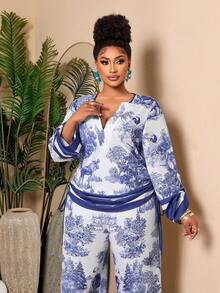 BIUBIU Damen Chic Toile Muster Große Größen Co-Ord Set V-Ausschnitt Aufrollbare Ärmel Kordelzug Top & Weite Hose, Perfektes Sommer Kreuzfahrt Outfit Elegant - Blau - Übersicht 6