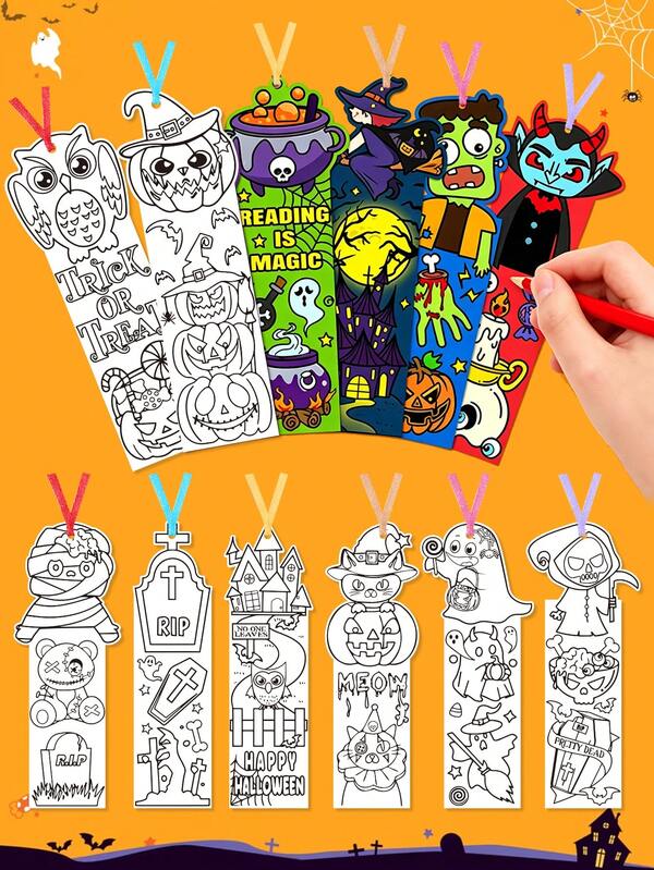48pcs DIY Halloween Blank Bookmarks, Colorable, With Ribbon, Printed With Halloween Witch Castle, Ghost And Pumpkin Patterns, Suitable For Coloring, Halloween Gifts, Halloween Party Favors, Suitable For "Trick Or Treat" Activity, Back To School Gifts, Student Gifts, Halloween Decorations, Halloween Party Favors, Halloween Decoration Cards, Halloween Gift Packaging Labels, Halloween Party Supplies