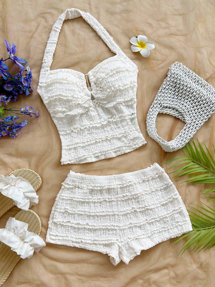 Conjunto casual de 2 piezas de top halter a rayas y shorts para vacaciones de mujer - Albaricoque 2 - Ver 1