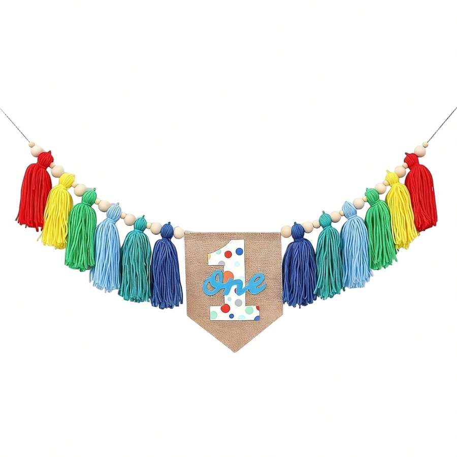 1 Peça Decoração de Festa de 1st Aniversário Arco-Íris, Faixa de Cadeira Alta de 1st Aniversário, Faixa de Cadeira Alta com Borlas Coloridas, Faixa de Primeiro Aniversário, Faixa de Bottom para Foto, Faixa de Cadeira Alta de Aniversário com Tule e Borlas com Contas de Madeira, Faixa de Borlas Coloridas - 1 conjunto de banner colorido azul para aniversário de 1 ano - Visão 1