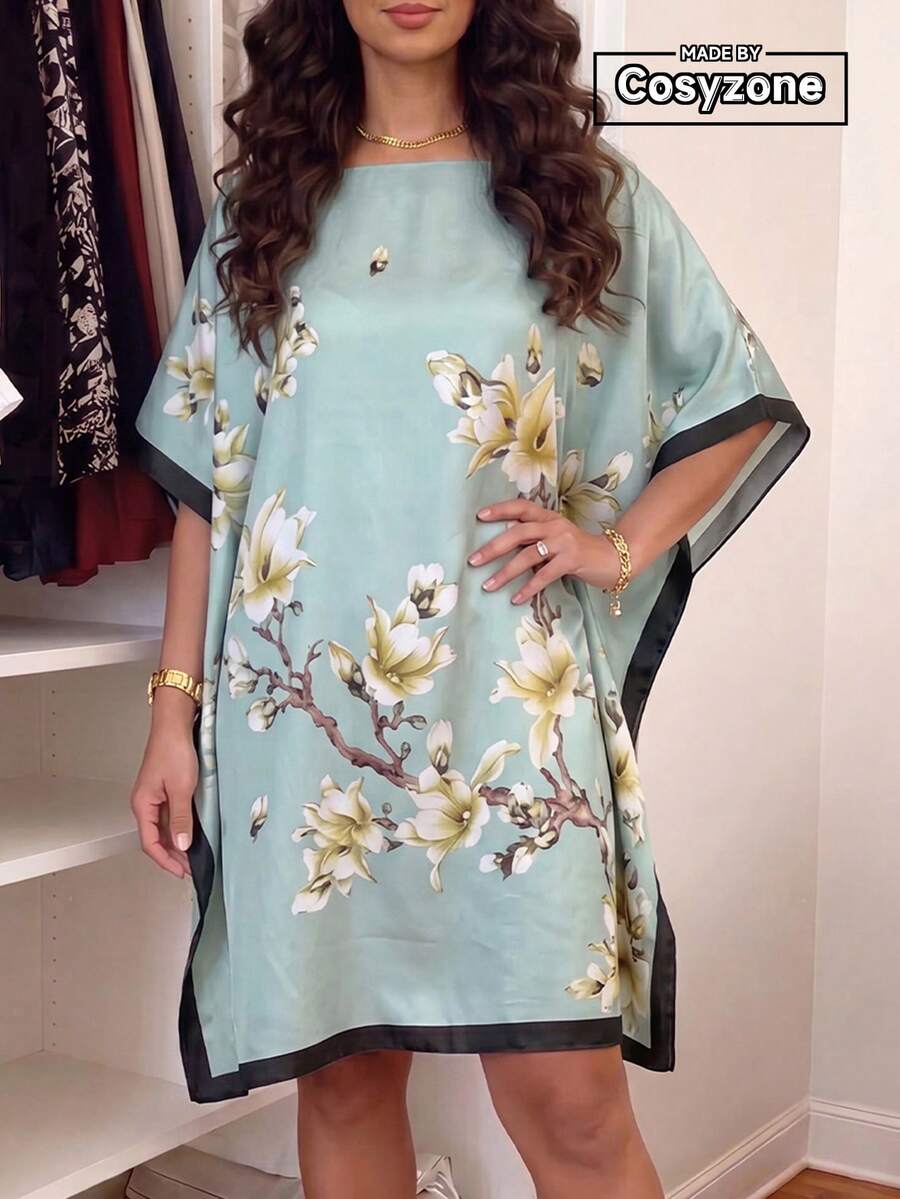 1PC Faux Silk Elegant Floral Print Pullover Shawl Women's Lightweight Fashion Versatile Sun Protection Cover-Up Beach Satin Loose Dress Suitable For Daily Decorative Matching - Light Green - View 1