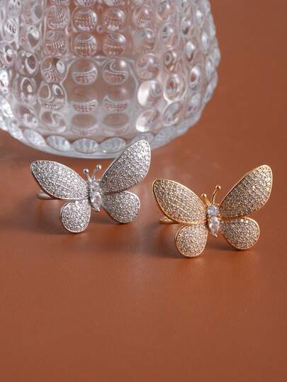1pc Charming Fashion Luxury Elegant Gold-Plated Silver-Plated Zirconia Butterfly Open Ring, Suitable For Women's Banquet, Party And Holiday Wear
