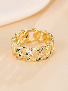 1pc Women's Chain Design Colorful Rhinestone Ring, Luxury Style Hollow Band, Versatile Jewelry For Daily Commute And Date - Silver - View 2