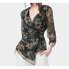 Blusa de gasa floral para mujer, cuello en V, estampada, tallas grandes, blusa delgada con botones - Floral - Ver 2