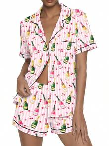- Conjunto de pijama de verano con botones, 2 piezas, de manga corta, para dormir, S-XXL - verde claro - Ver 25