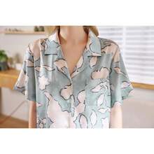 YiNi LuLu - Conjunto de pijama de satén de seda para mujer, 2 piezas, pijama de manga corta, de gran tamaño, con bolsillos - Vida pastoral - Ver 6