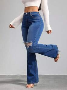 Floor-Length, High-Waisted Flare Trousers With One-Sided Rips At The Knees, High Elasticity, Fitted, Available In Multiple Shades, Retro Flowy Drape - Medium Wash - View 3