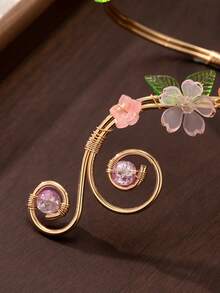 1件波希米亞風海灘花卉手臂飾品，可調節金色手臂配件，附粉色花朵與綠葉吊墜，夏季度假女性手臂珠寶 - 金黃色 - 查看 6