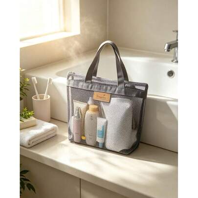 1pc Minimalist Mesh Bath Storage Bag, Portable Hanging Toiletry Bag, Beach Bag, Large Capacity With Zipper Compartment Pockets, Unisex, Suitable For Travel, Fitness, Camping, Dorm, Daily Outings, Beach Essential Storage Item