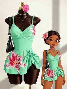 Zestiva Conjunto de 2 piezas de traje de baño con estampado floral, correas ajustables y accesorios de metal, ideal para la playa y vacaciones de pri - Verde - Ver 1