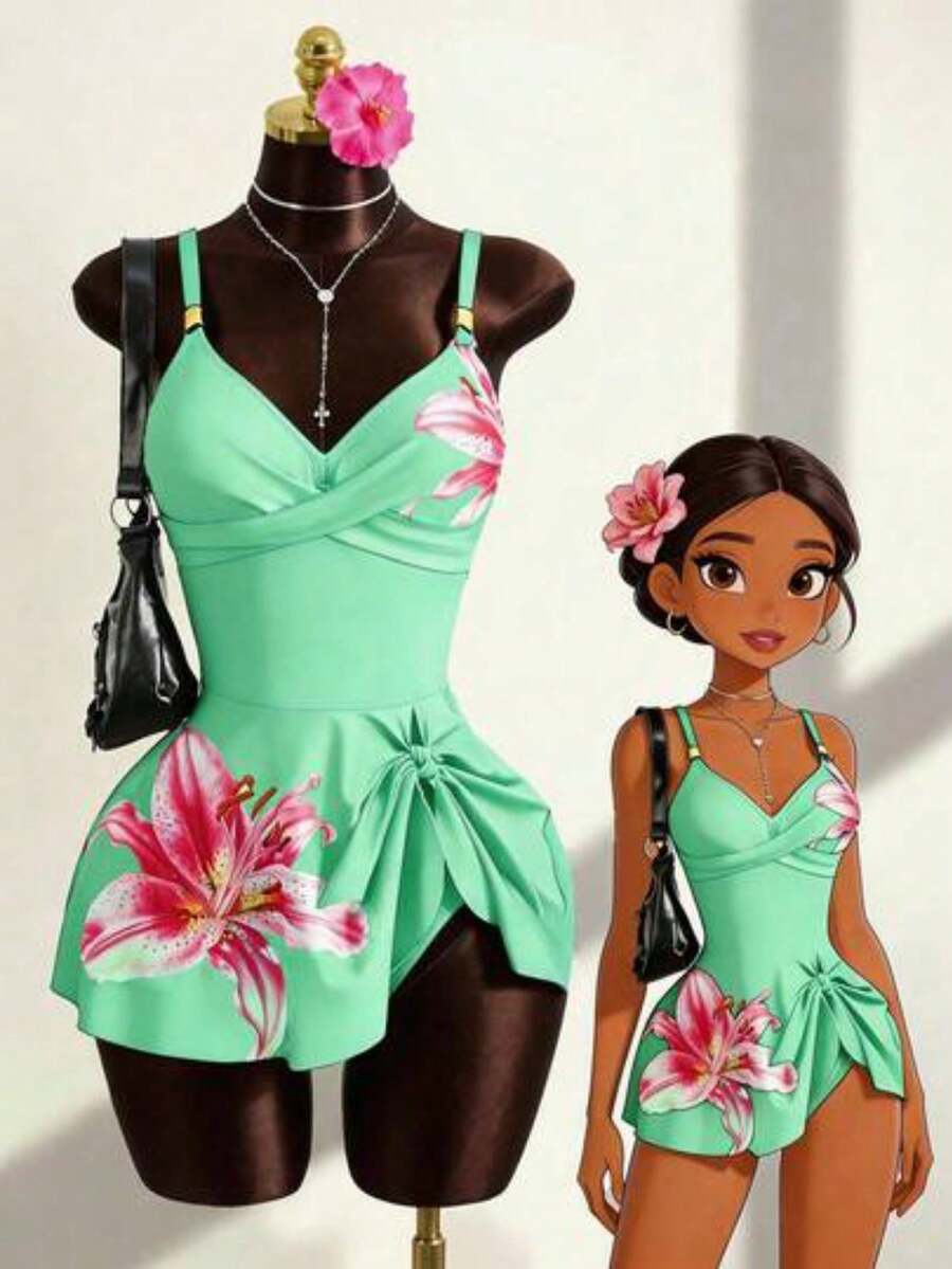 Zestiva Conjunto de 2 piezas de traje de baño con estampado floral, correas ajustables y accesorios de metal, ideal para la playa y vacaciones de pri - Verde - Ver 1