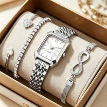 4 pièces/Set Montre classique élégante et minimaliste pour femmes avec bracelet exquis, cadran carré délicat, bracelet réglable, montre à quartz, convient pour un port quotidien, cadeau parfait pour les amies ou la famille - Rose bonbon - Voir 7