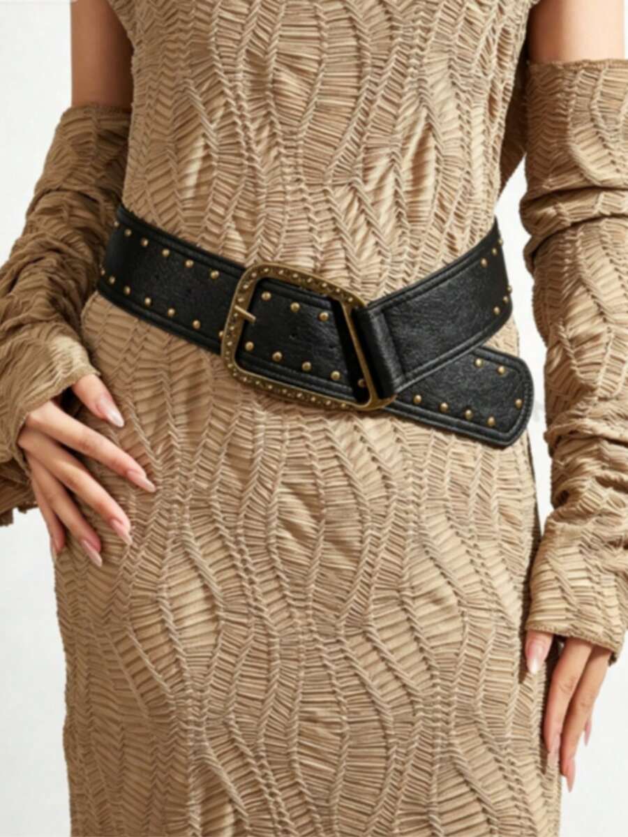 1pc Women's Dark Western Style Heavy-Duty Full Rivet Wide Waist Belt - Black - View 1