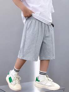 青少年男孩輕量針織休閒短褲，適合戶外運動與日常穿著，春/夏季 - 淺灰色 - 查看 1